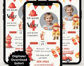 Digital invitation for children's birthdays, fire brigade birthday party for boys, customizable WhatsApp invitation, ecard, invitation card Canva template