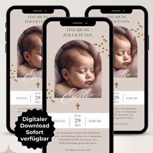 Digitale Einladung Taufe Mädchen mit Foto, Einladung zum Versenden per WhatsApp, ecard Taufe personalisierbar, Taufeinladung, Canva Vorlage