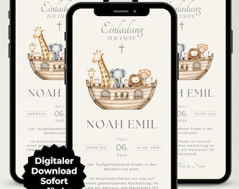 Digital baptism invitation, Noah's Ark design, invitation to send via WhatsApp, customizable baptism ecard, baptism invitation, Canva template