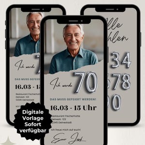 Invitation numérique 70e anniversaire, numéro d'invitation WhatsApp, eCard anniversaire homme personnalisable, invitation téléphone portable, modèle Canva