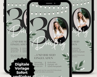 Digital invitation for a woman's 30th birthday, WhatsApp eCard invitation, digital birthday invitation with photo, customizable Canva birthday invitation template
