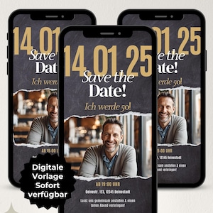 Invitation numérique 50e anniversaire, réservez la date, invitation WhatsApp, fête eCard, invitation par téléphone portable avec photo, modèle Canva personnalisable