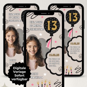 Digitale Einladung Teenager Mädchen, WhatsApp Einladung 13. Geburtstag, Canva Vorlage digital, Geburtstagseinladung Teenager 13 Mädchen