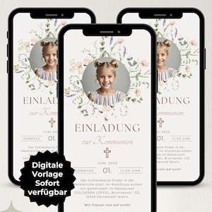 Digital invitation communion girl flowers and cross, WhatsApp invitation confirmation with photo, eCard invitation template digital