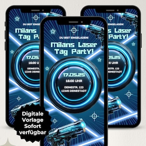 Digitale Einladung Lasertag Geburtstag Junge blau, WhatsApp ecard Teenager, Einladungskarte Laser Tag digital, Geburtstagseinladung Vorlage