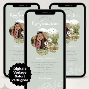 Digital invitation confirmation girl green leaves, eCard invitation digital, communion, confirmation, WhatsApp invitation photo, Canva template