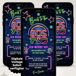 Digitale Einladung 80er Jahre Mottoparty, WhatsApp Einladung Geburtstag Retro, eCard Einladung 80s Neon Party, Geburtstagseinladung Vorlage
