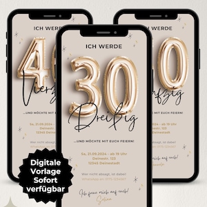 Digitale uitnodiging 30e, 40e, 50e verjaardag nummer, WhatsApp uitnodigingsfoto, eCard aanpasbaar, verjaardagsuitnodiging mobiel, Canva sjabloon