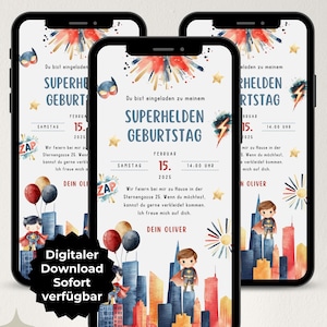 Digitale Einladung Kindergeburtstag, Superhelden Geburtstag Junge, personalisierbare WhatsApp Einladung, ecard Vorlage Einladungskarte Canva