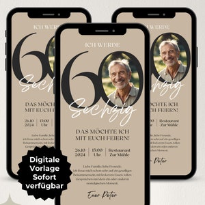 Convite digital 60 anos, convite WhatsApp, festa eCard, convite mobile personalizável com foto, template Canva, baixar