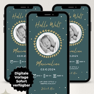 Geburtsanzeige WhatsApp, digitale Geburtsanzeige Junge grün, Geburt verkünden digital mit Foto, eCard Ankündigung Baby, Vorlage Karte Geburt