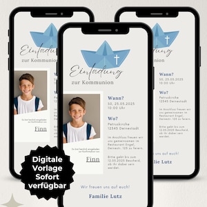 Invitation numérique communion garçon bateau bleu croix, eCard invitation numérique, confirmation, confirmation, invitation WhatsApp photo, modèle Canva