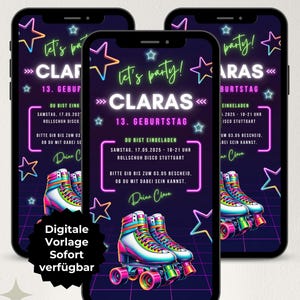 Digitale Einladung Rollschuh Disco 13 Geburtstag Mädchen, WhatsApp Einladung Rollschuhparty Teenager, Einladungskarte Rollschuhlaufen