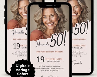 Cyfrowe zaproszenie na 50. urodziny kobiety, zaproszenie urodzinowe w formie e-kartki WhatsApp ze zdjęciem, mobilne zaproszenie na imprezę, cyfrowa karta z zaproszeniem