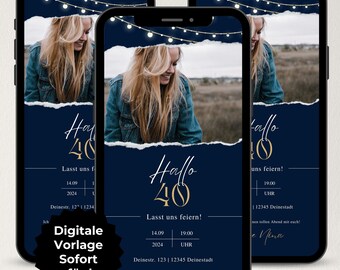 Digital invitation for a woman's 40th birthday, WhatsApp invitation with photo, eCard mobile invitation, digital birthday invitation, invitation card template