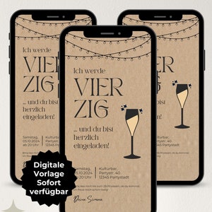 Digitale Einladung 40 Geburtstag Sektglas, WhatsApp Einladung Geburtstag Frau, eCard Einladungskarte personalisierbar, Handy Vorlage digital