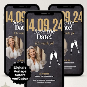 Digitale Einladung 50. Geburtstag, WhatsApp eCard Einladung Foto, Handy Einladung, Save the Date Karte Geburtstag, Canva Vorlage Download