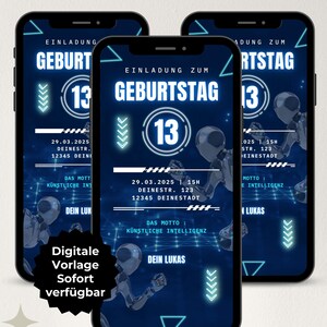 Könnte beinhalten: Digitale Geburtstagseinladung auf drei Smartphones. Das Design ist blau und weiß, mit der Zahl 13. Der Text enthält Eventdetails und den Satz "Digitale Einladung". Das Canva-Logo ist oben rechts.