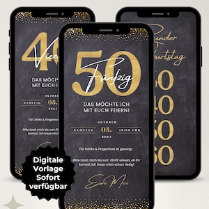 Digitale Einladung 50 Geburtstag schwarz gold, WhatsApp ecard Einladung, Einladungskarte Vorlage Handy, Geburtstagseinladung digital