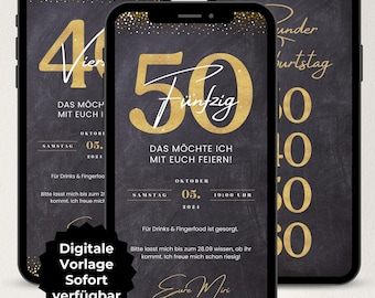Digitale Einladung 50. Geburtstag, WhatsApp Einladung, schwarz gold, Geburtstagseinladung personalisierbar, Canva Vorlage