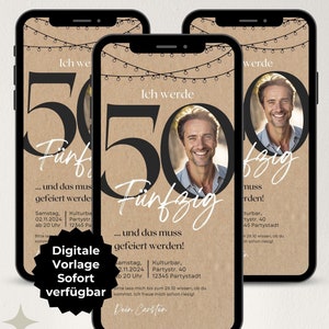 Invitation numérique 50e anniversaire numéro d'homme, invitation WhatsApp eCard avec photo personnalisable, modèle d'invitation pour téléphone portable Téléchargement Canva