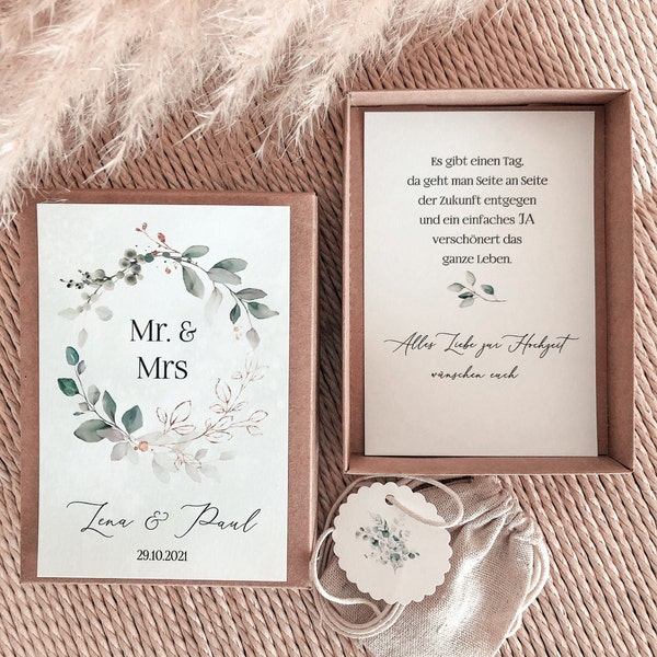 Geschenkschachtel, Geschenkbox "Mr. & Mrs.", Geldgeschenk Box zur Hochzeit mit Baumwollsäckchen und Anhänger, personalisiert mit Namen