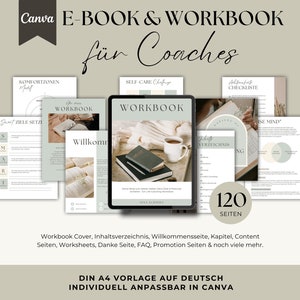 Puede incluir: Una maqueta digital de un cuaderno de trabajo para entrenadores. La portada presenta una paleta de colores neutros con una estética suave y acogedora. El título "WORKBOOK" se muestra en una fuente sans-serif en negrita. El texto "120 SEITEN" se muestra en una fuente sans-serif blanca sobre un fondo negro. El texto "DIN A4 VORLAGE AUF DEUTSCH INDIVIDUELL ANPASSBAR IN CANVA" se muestra en una fuente sans-serif negra sobre un fondo blanco.