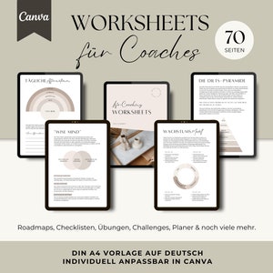 Puede incluir: Un conjunto de hojas de trabajo imprimibles para entrenadores, con una variedad de plantillas y diagramas. Las hojas de trabajo están diseñadas para ayudar a los entrenadores a guiar a sus clientes a través del crecimiento y desarrollo personal. Las hojas de trabajo están disponibles en formato digital y se pueden imprimir en papel A4. El texto en las hojas de trabajo está en alemán.