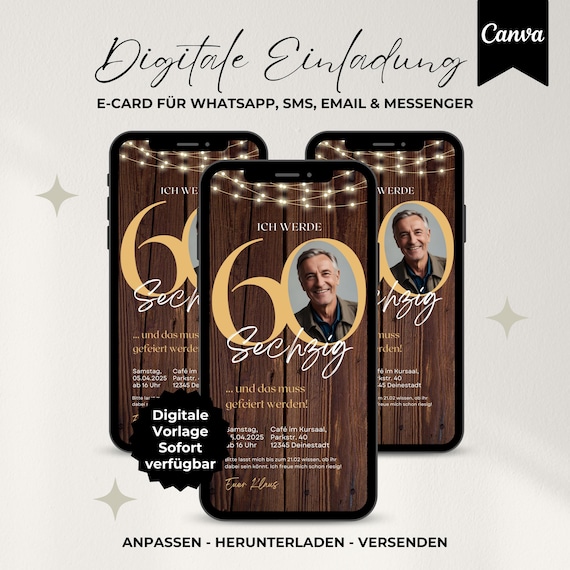 Digitale Einladung 60. Geburtstag, WhatsApp Einladung, eCard Party, Handyeinladung personalisierbar mit Foto, Canva Vorlage, Download