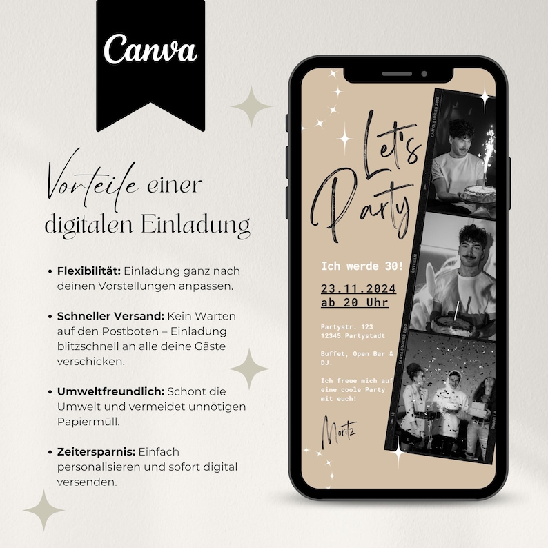 Digitale Einladung Geburtstag, Handyeinladung für WhatsApp, Party Einladung, Canva Vorlage für Einladung mit Foto, personalisierbar