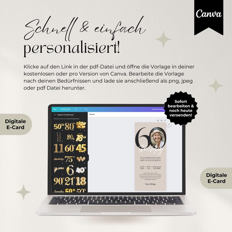 Digitale Einladung Geburtstag personalisierbar, WhatsApp Einladung für Handy mit Zahl und Foto, ecard, Canva Vorlage für Einladungskarte, 60. Geburtstag