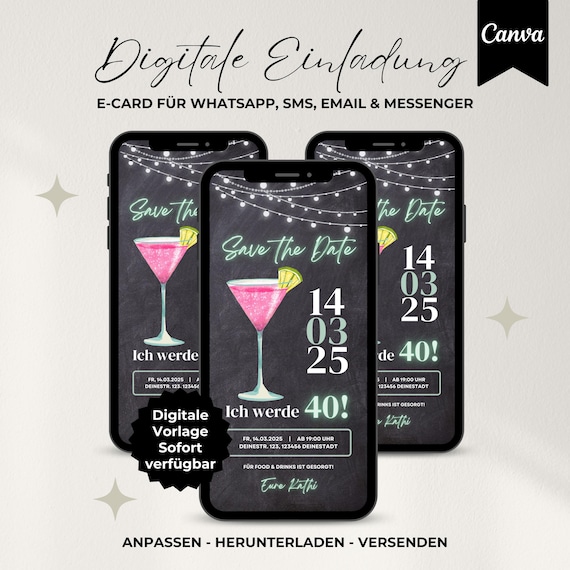 Digitale Einladung 40. Geburtstag, Save the Date, WhatsApp Einladung, eCard Cocktail Party, Handy Einladung, Canva Vorlage personalisierbar