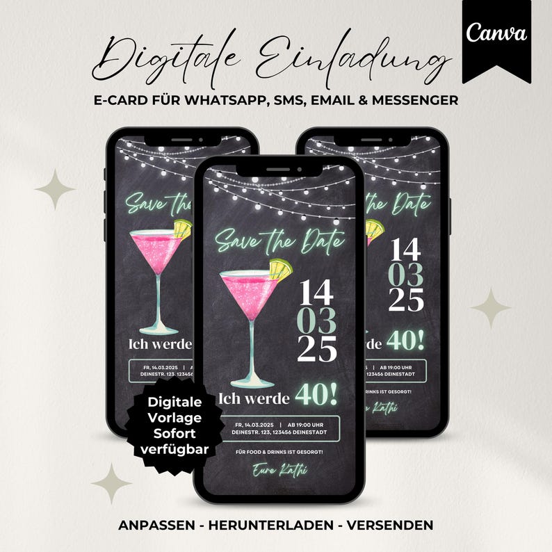 Digitale Einladung 40 Geburtstag, Save the Date Einladung Geburtstag, WhatsApp eCard Einladung Geburtstag, Geburtstagseinladung Vorlage Canva, Einladung Geburtstag digital personalisierbar