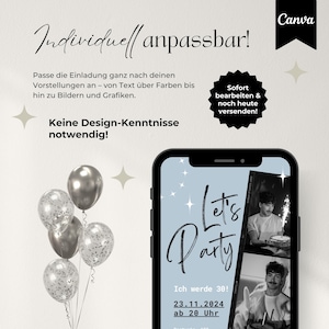 Digitale Einladung Geburtstag, Handyeinladung für WhatsApp, Party Einladung, Canva Vorlage für Einladung mit Foto, personalisierbar