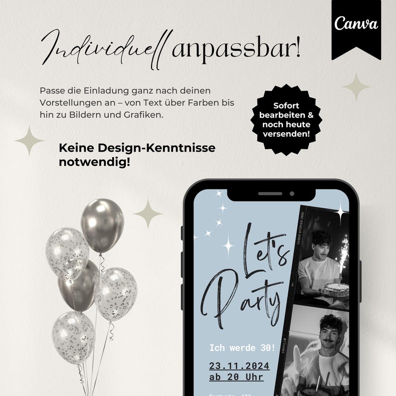 Digitale Einladung Geburtstag, Handyeinladung für WhatsApp, Party Einladung, Canva Vorlage für Einladung mit Foto, personalisierbar