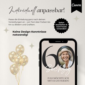 Digitale Einladung Geburtstag personalisierbar, WhatsApp Einladung für Handy mit Zahl und Foto, ecard, Canva Vorlage für Einladungskarte, 60. Geburtstag