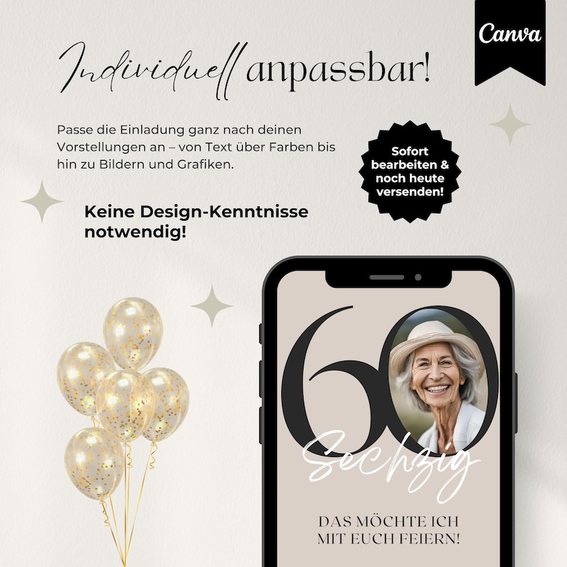 Digitale Einladung Geburtstag personalisierbar, WhatsApp Einladung für Handy mit Zahl und Foto, ecard, Canva Vorlage für Einladungskarte, 60. Geburtstag