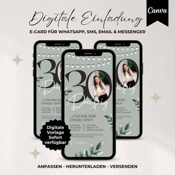 Digitale Einladung 30 Geburtstag Frau, WhatsApp eCard Einladung digital Geburtstag Foto, Canva Vorlage Geburtstagseinladung personalisierbar
