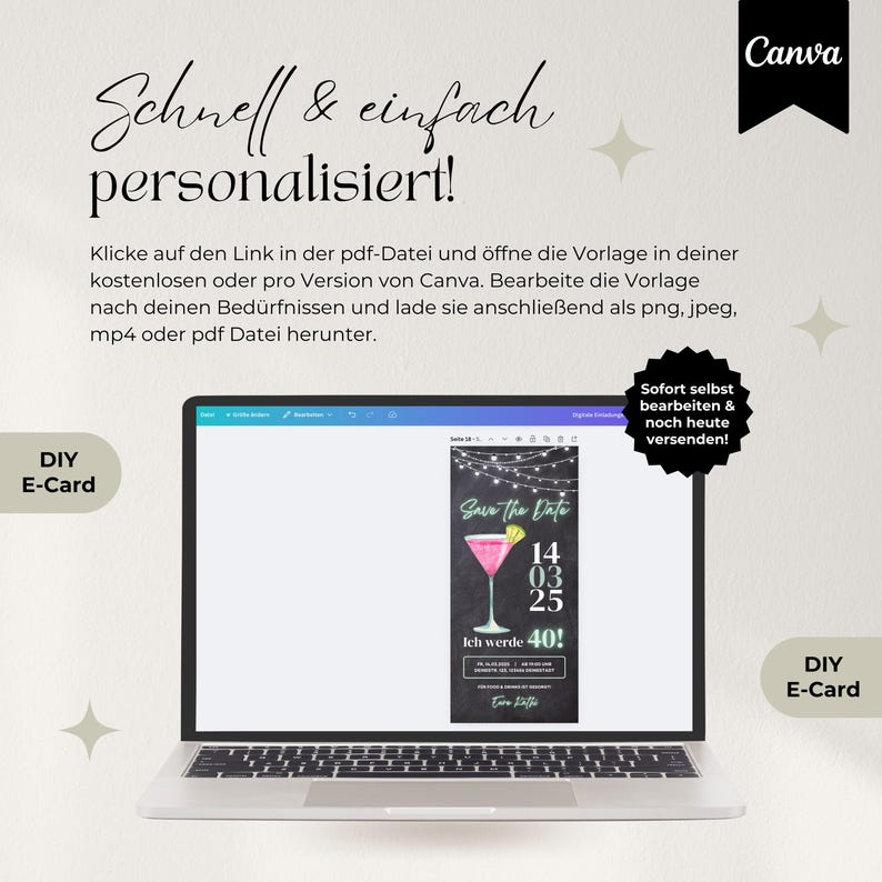 Digitale Einladung 40 Geburtstag, Save the Date Einladung Geburtstag, WhatsApp eCard Einladung Geburtstag, Geburtstagseinladung Vorlage Canva, Einladung Geburtstag digital personalisierbar