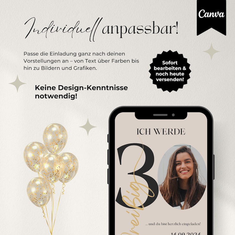 Digitale Einladung Geburtstag mit Zahl für jedes Alter anpassbar, WhatsApp Einladung, eCard fürs Handy, Canva Vorlage für Einladung