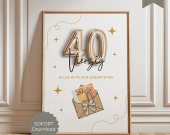 Money gift 40th birthday number, pdf template to print, DIY money gift craft, wrap money as a gift, last minute gift idea