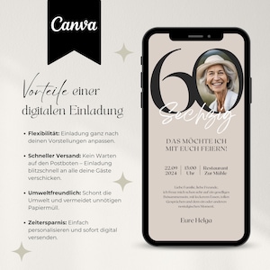 Digitale Einladung Geburtstag personalisierbar, WhatsApp Einladung für Handy mit Zahl und Foto, ecard, Canva Vorlage für Einladungskarte, 60. Geburtstag