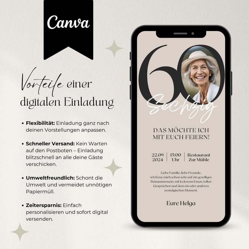 Digitale Einladung Geburtstag personalisierbar, WhatsApp Einladung für Handy mit Zahl und Foto, ecard, Canva Vorlage für Einladungskarte, 60. Geburtstag