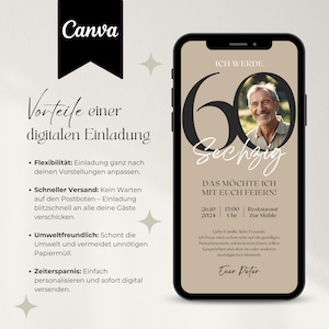 Digitale Einladung 60. Geburtstag, Handyeinladung für WhatsApp, Canva Vorlage Einladungskarte mit Foto personalisierbar