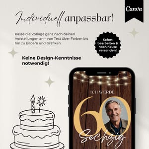 Digitale Einladung 60 Geburtstag Mann, WhatsApp Einladung Geburtstag, eCard Geburtstag mit Foto, Canva Vorlage Einladungskarte digital