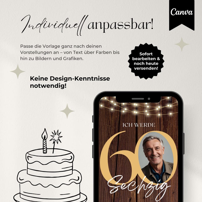 Digitale Einladung 60 Geburtstag Mann, WhatsApp Einladung Geburtstag, eCard Geburtstag mit Foto, Canva Vorlage Einladungskarte digital