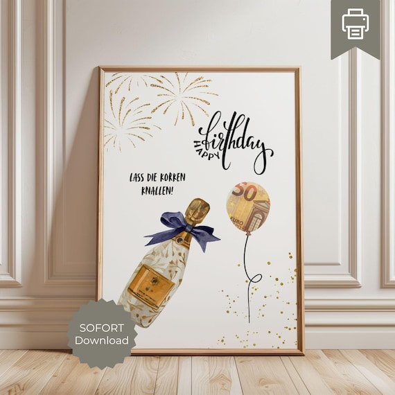 Geldgeschenk Geburtstag Sektflasche, pdf Vorlage zum Ausdrucken, DIY Geldgeschenk basteln, Geld verpacken als Geschenk, Last Minute Geschenk
