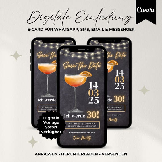 Digitale Einladung 30. Geburtstag Aperol, Save the Date, WhatsApp Einladung, eCard Geburtstag Cocktail, Vorlage Einladungskarte digital