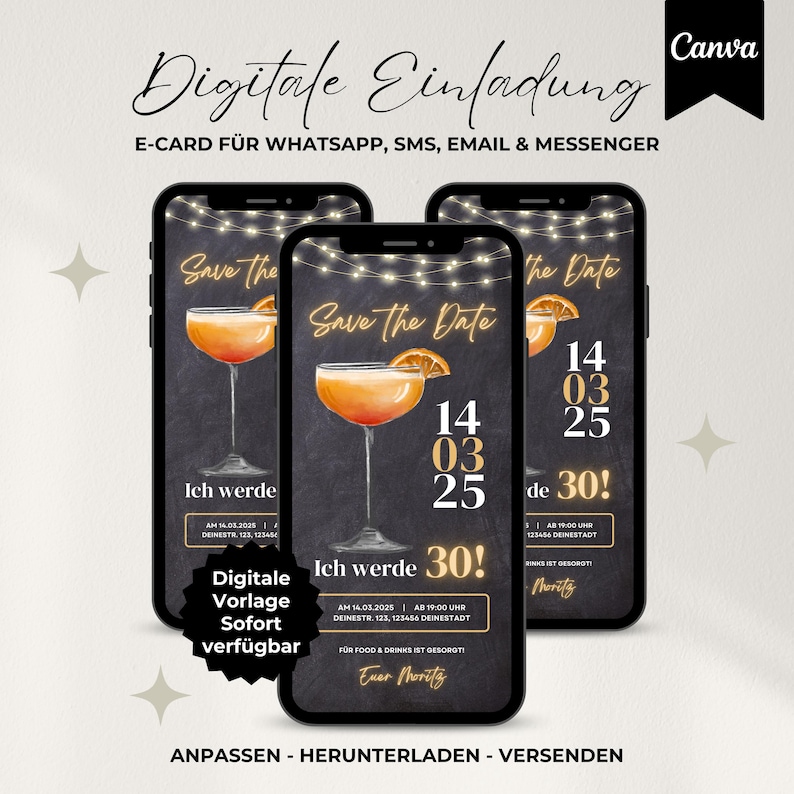 Digitale Einladung 30. Geburtstag Aperol, WhatsApp Einladung, eCard Geburtstagseinladung Vorlage, Einladungskarte digital personalisiert