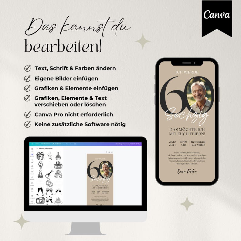 Digitale Einladung 60. Geburtstag, Handyeinladung für WhatsApp, Canva Vorlage Einladungskarte mit Foto personalisierbar